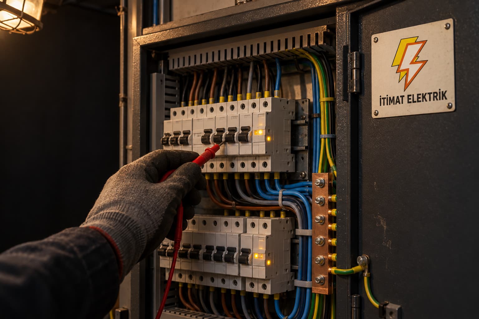 Gece, açık elektrik panosunda eldivenli el ölçü aletinin probuyla sigortayı ölçüyor; kapakta İtimat Elektrik etiketi