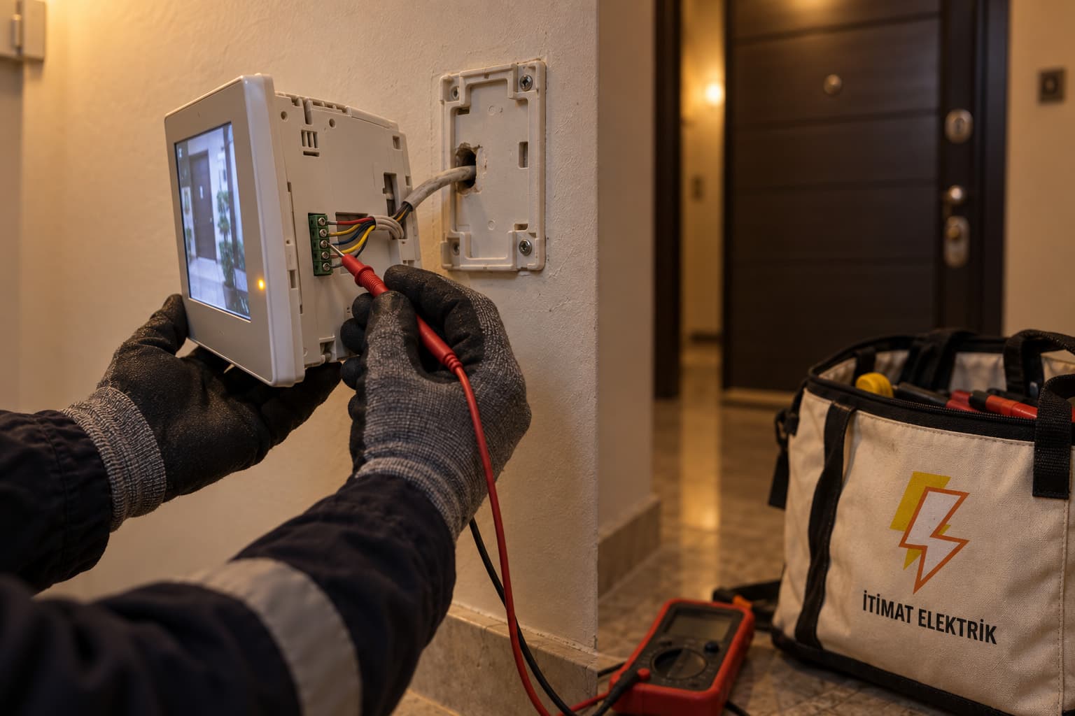 Yuvasından çıkarılmış görüntülü diyafon monitörünün klemensleri ölçülüyor; yerde logolu İtimat Elektrik alet çantası