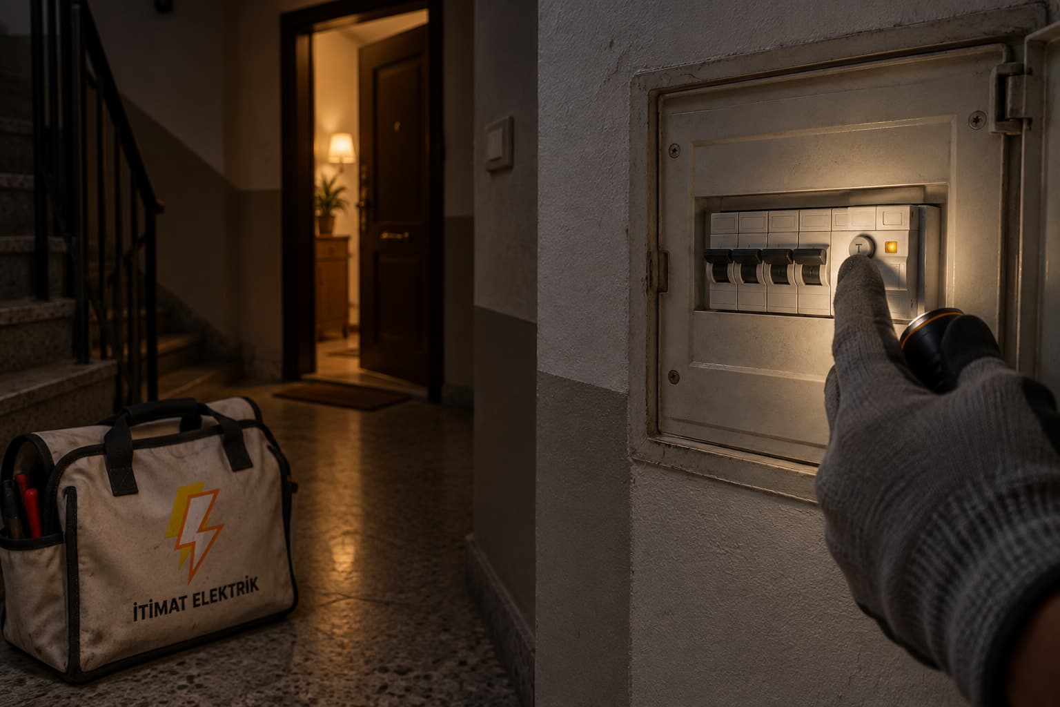 Gece apartman koridorunda açık sigorta kutusu; eldivenli el kaçak akım rölesini test ediyor, yerde logolu alet çantası