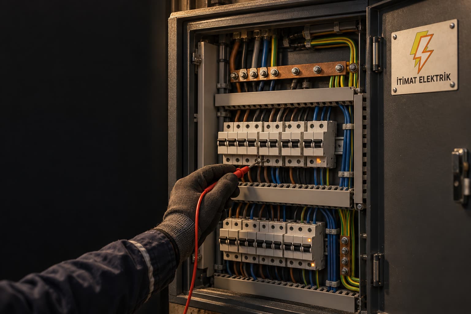 Açık dağıtım panosunda eldivenli el ölçü aletinin probuyla sigorta klemensini ölçüyor; kapakta İtimat Elektrik plakası